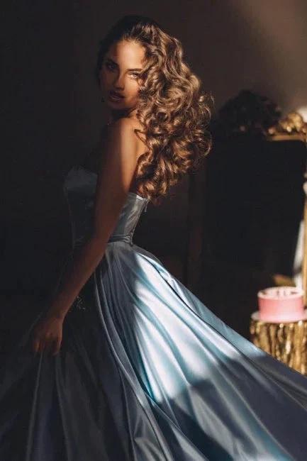 Strapless Sleeveless A-Line Satin Floor-Length Prom Dresses with Ruffles - Image 3
