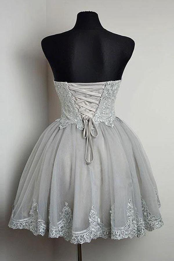 Strapless Sweetheart Neck Grey Homecoming Dresses Lace Appliqued PD169 - Image 2