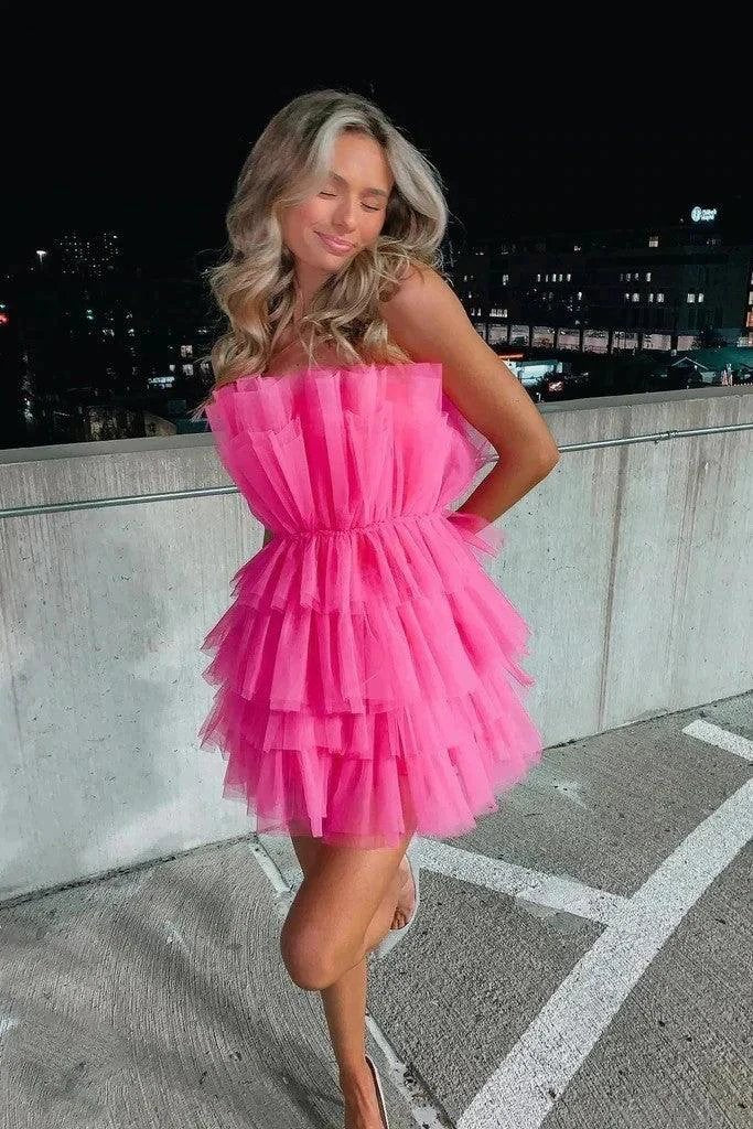 Strapless Tiered Tulle Pink Homecoming Dress Sweet 16 Dress PD556 - Image 2