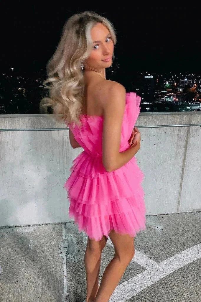 Strapless Tiered Tulle Pink Homecoming Dress Sweet 16 Dress PD556 - Image 3