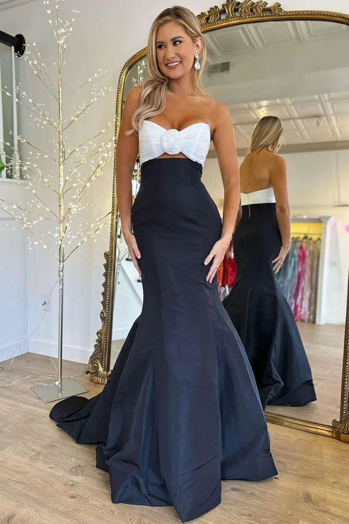Julie | Strapless White and Black Ruched Mermaid Prom Dress - Image 2