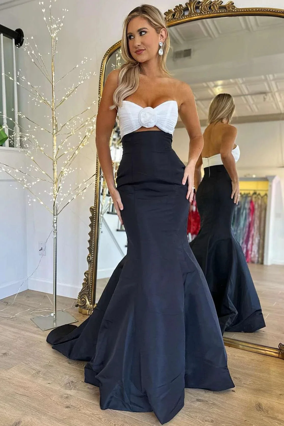 Julie | Strapless White and Black Ruched Mermaid Prom Dress - Image 4
