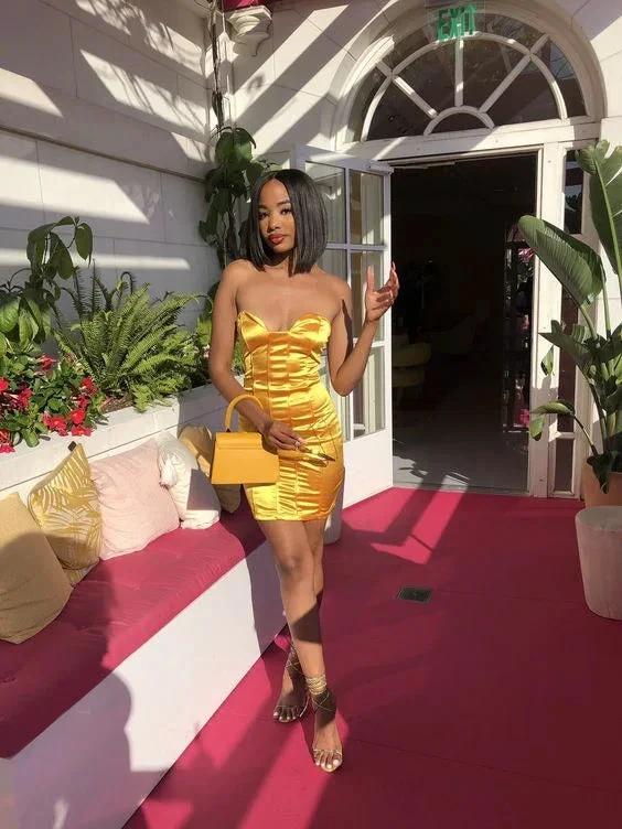 Strapless Yellow Sheath Dress Short Homecoming Dress Y1954 - Image 2