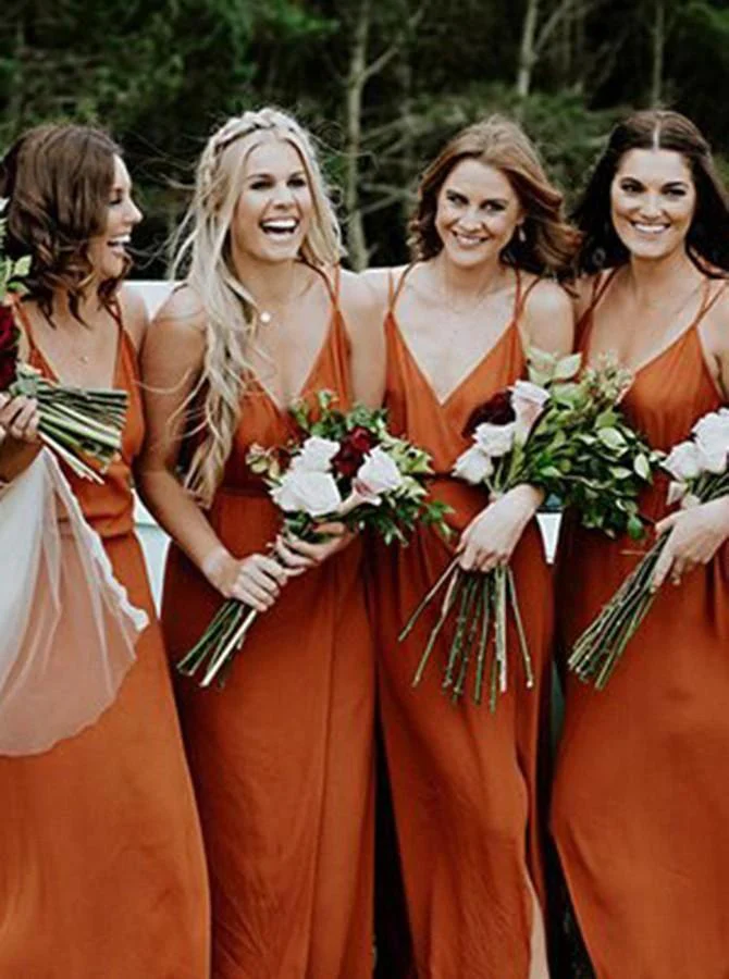 Straps A-Line V-Neck Orange Chiffon Bridesmaid Dress with Split BD064 - Image 2