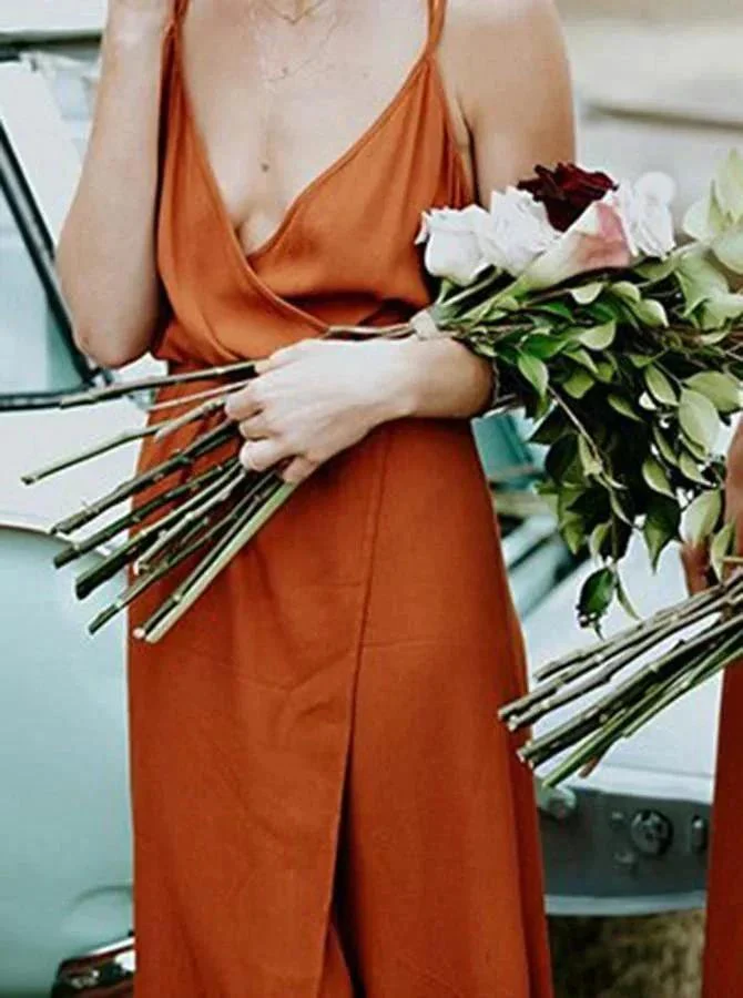 Straps A-Line V-Neck Orange Chiffon Bridesmaid Dress with Split BD064 - Image 4