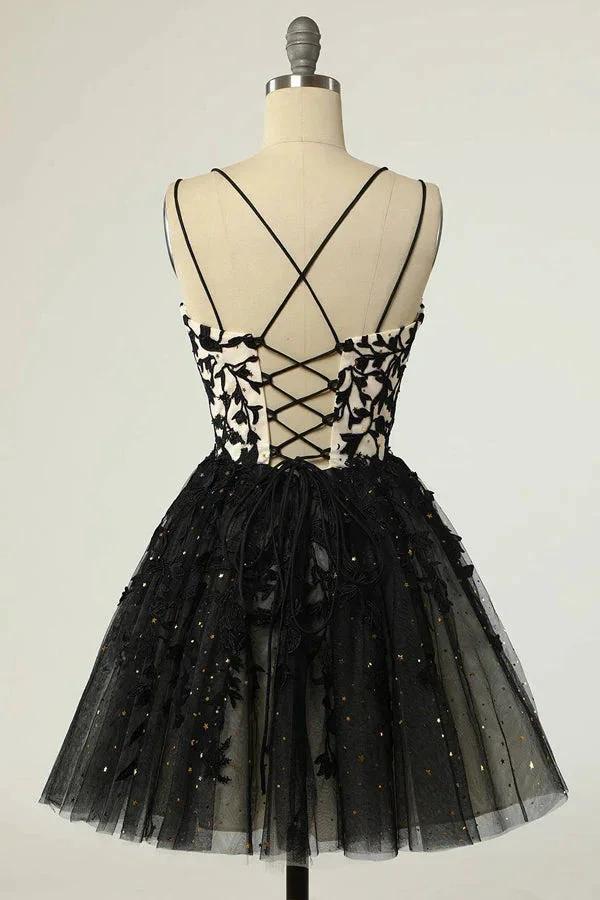 Straps Black Appliques Short Prom Dress Homecoming Dress with Sequins PD475 - Image 2