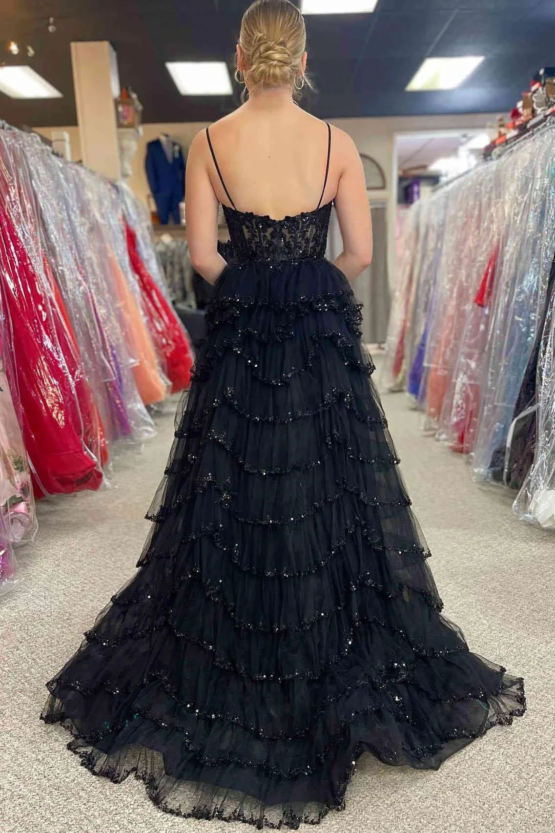 Abbie | Straps Black Mesh Cutout Sequined Layered Long Prom Dress - Image 2