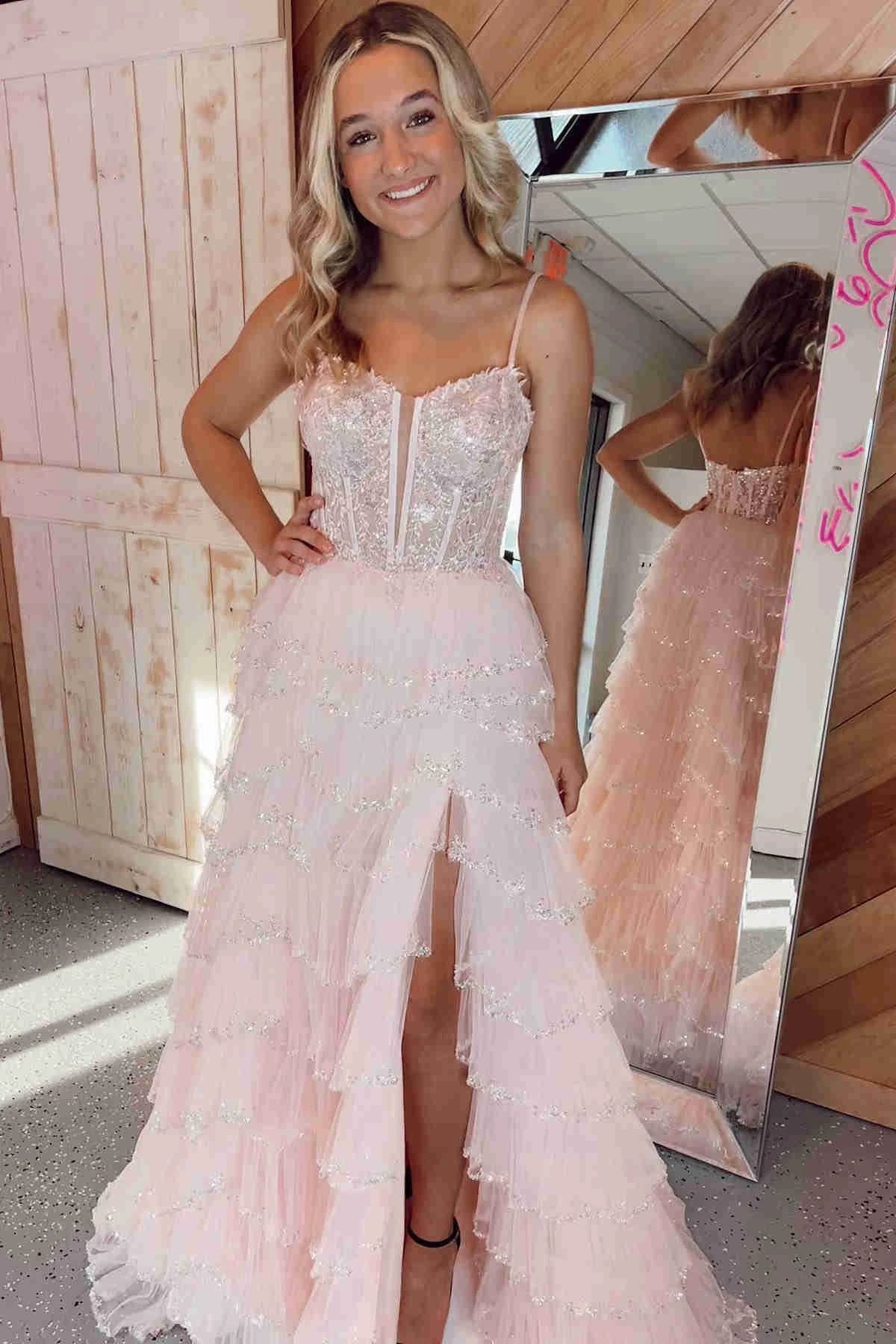 Abbie | Straps Black Mesh Cutout Sequined Layered Long Prom Dress - Image 5