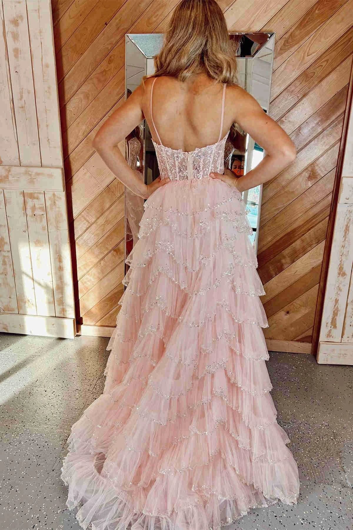 Abbie | Straps Black Mesh Cutout Sequined Layered Long Prom Dress - Image 6