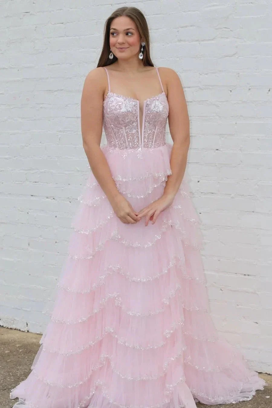 Abbie | Straps Black Mesh Cutout Sequined Layered Long Prom Dress - Image 7