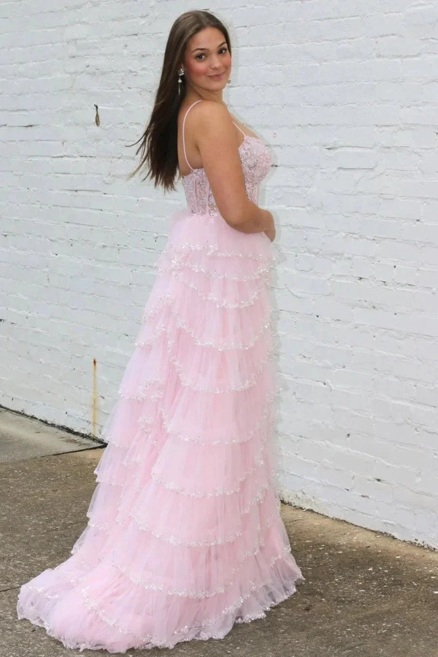 Abbie | Straps Black Mesh Cutout Sequined Layered Long Prom Dress - Image 8