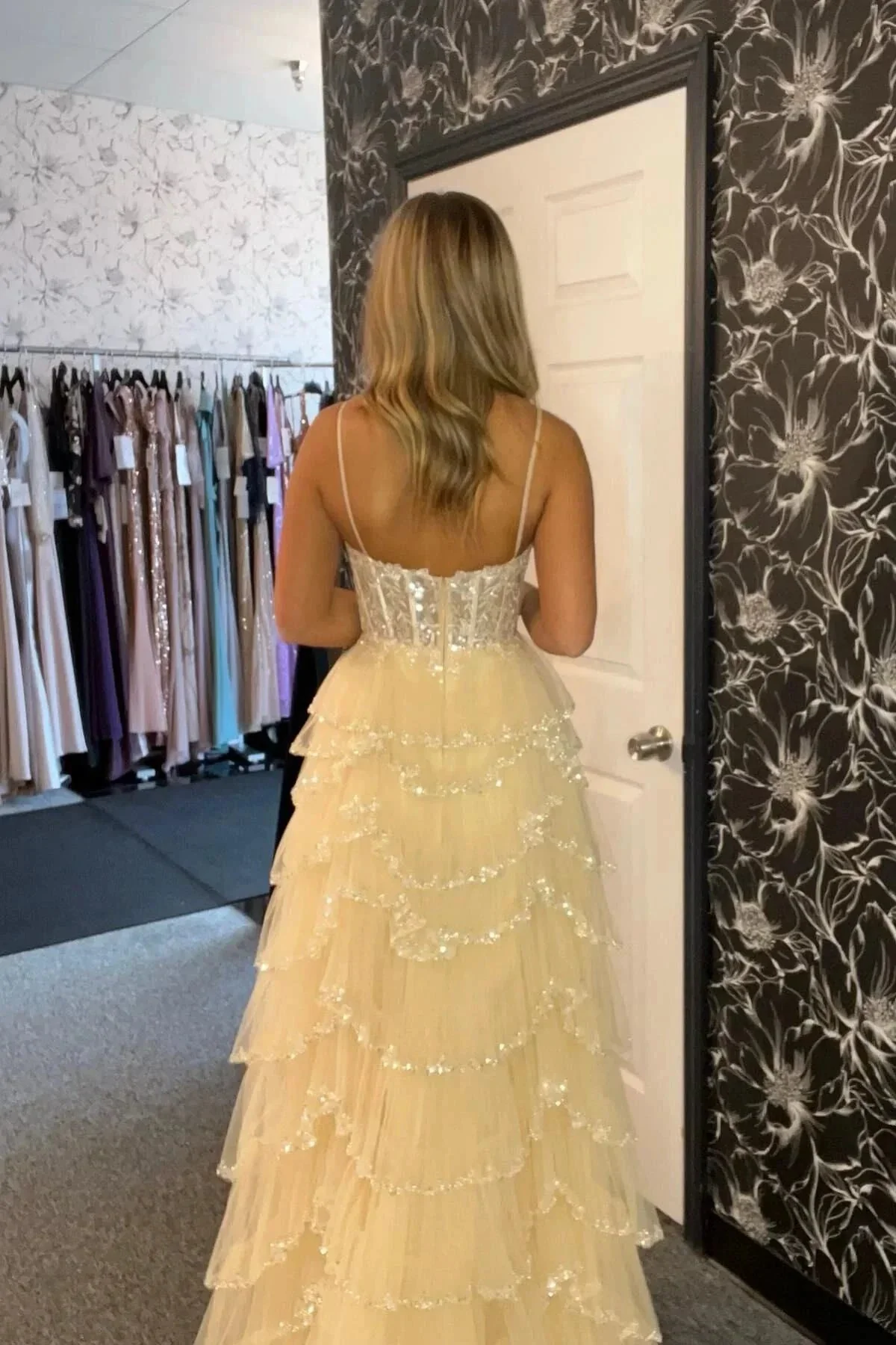 Abbie | Straps Black Mesh Cutout Sequined Layered Long Prom Dress - Image 9