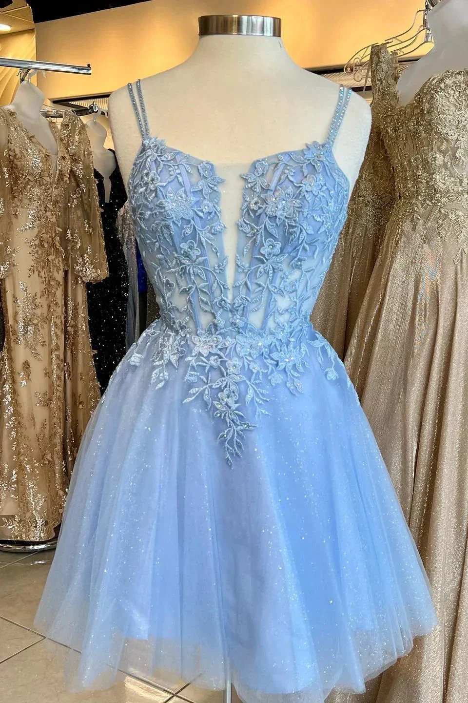 Straps Blue Appliques A-line Short Homecoming Dress Y2765 - Image 2