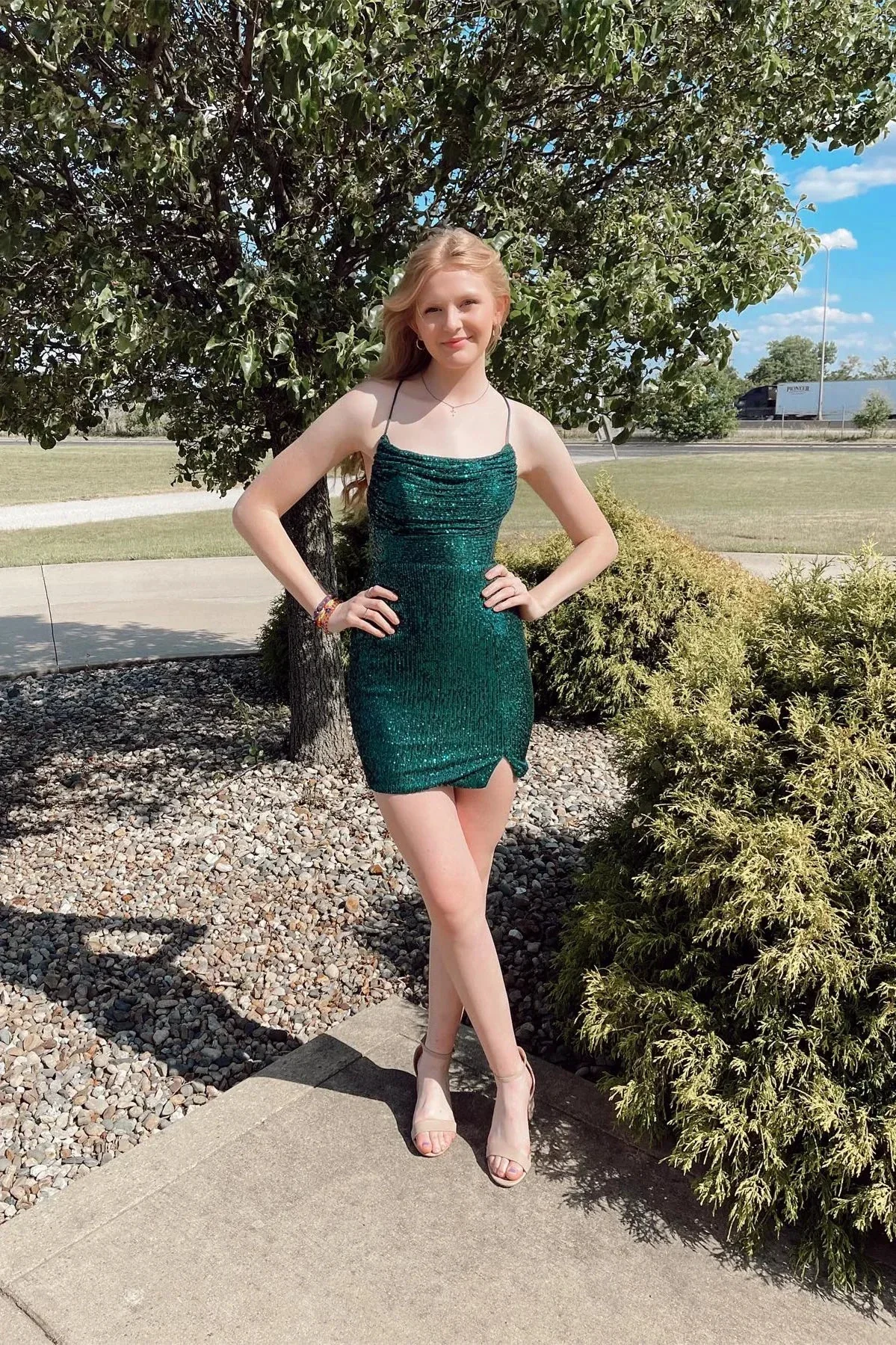 Straps Dark Green Cowl Neck Tight Mini Dress Dark Green Homecoming Dress Y2948 - Image 2