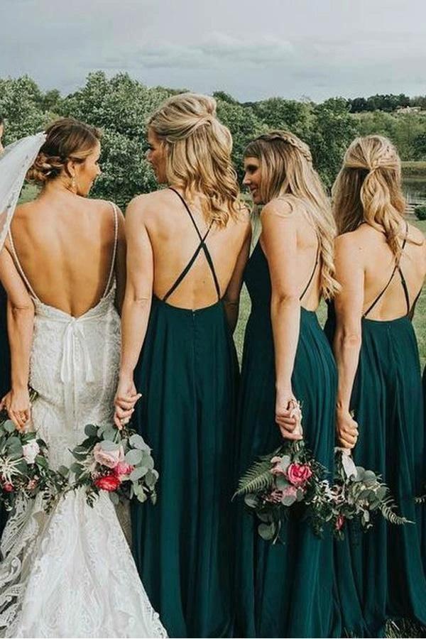 Straps Dark Green Long Bridesmaid Dress with Criss Cross Back  BD076 - Image 2