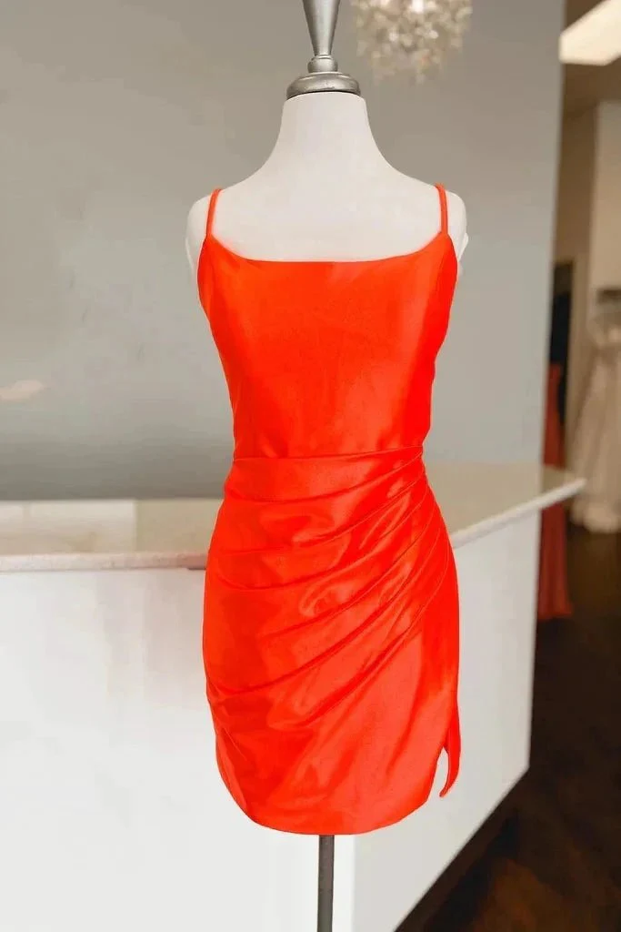 Straps Fuchsia Ruched Bodycon Tight Satin Homecoming Dress PD476 - Image 2