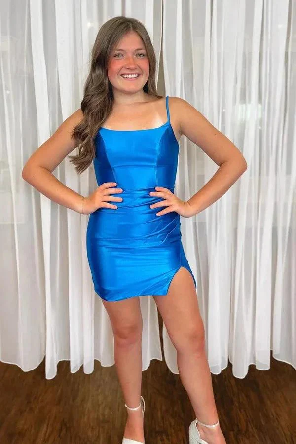 Straps Fuchsia Ruched Bodycon Tight Satin Homecoming Dress PD476 - Image 4