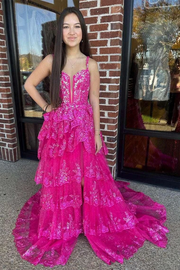 Martha | Straps Fuchsia Sequin Layered Formal Dress with Slit - Image 5