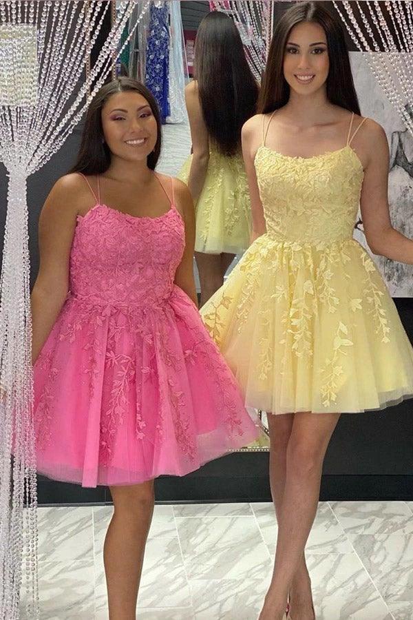 Straps Lace Applique Blue Homecoming Dress Short Prom Dress PD424 - Image 2