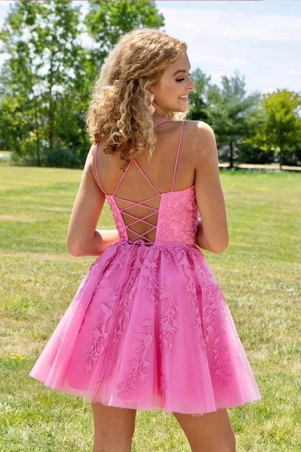 Straps Lace Applique Blue Homecoming Dress Short Prom Dress PD424 - Image 3