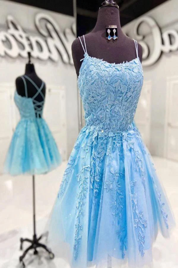 Straps Lace Applique Blue Homecoming Dress Short Prom Dress PD424 - Image 4