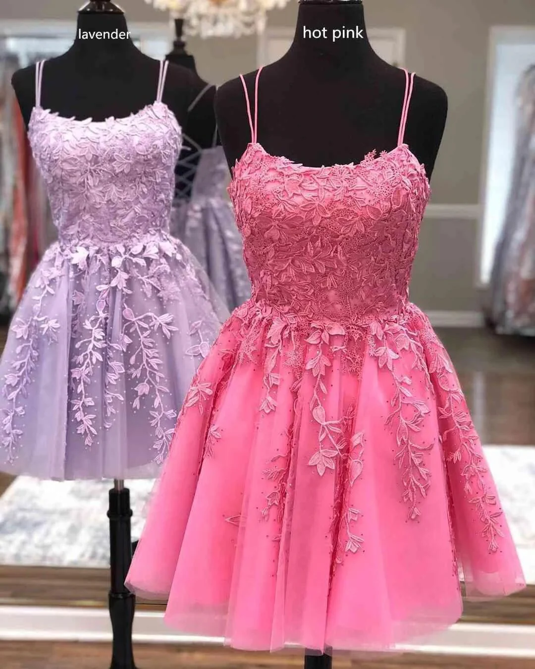 Straps Lace Applique Blue Homecoming Dress Short Prom Dress PD424 - Image 5