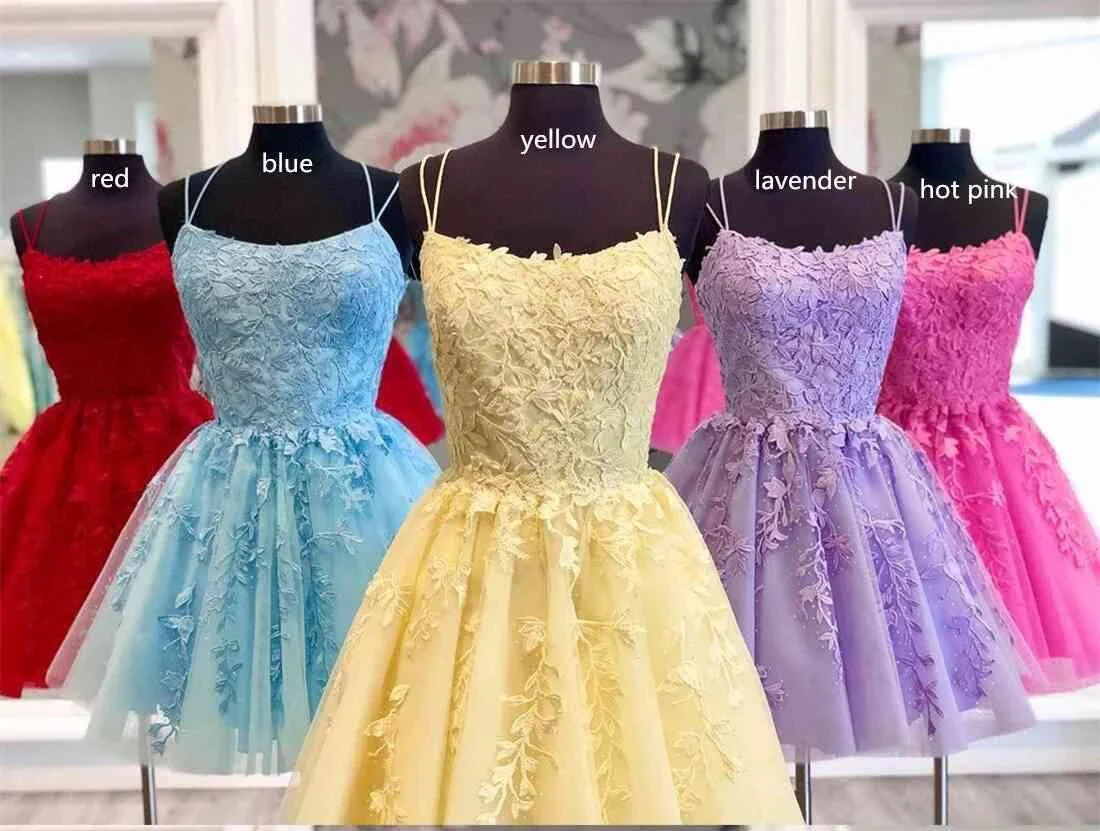 Straps Lace Applique Blue Homecoming Dress Short Prom Dress PD424 - Image 7