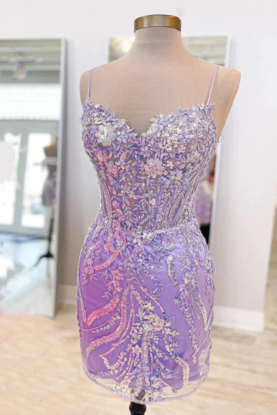 Straps Lavender Sequin Appliques Tight Mini Homecoming Dress Y4007 - Image 2