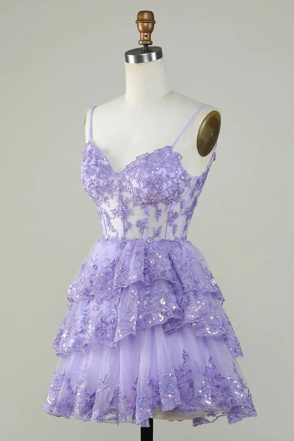 Straps Lavender Sequins Corset Layered Homecoming Dress Y2907 - Image 2
