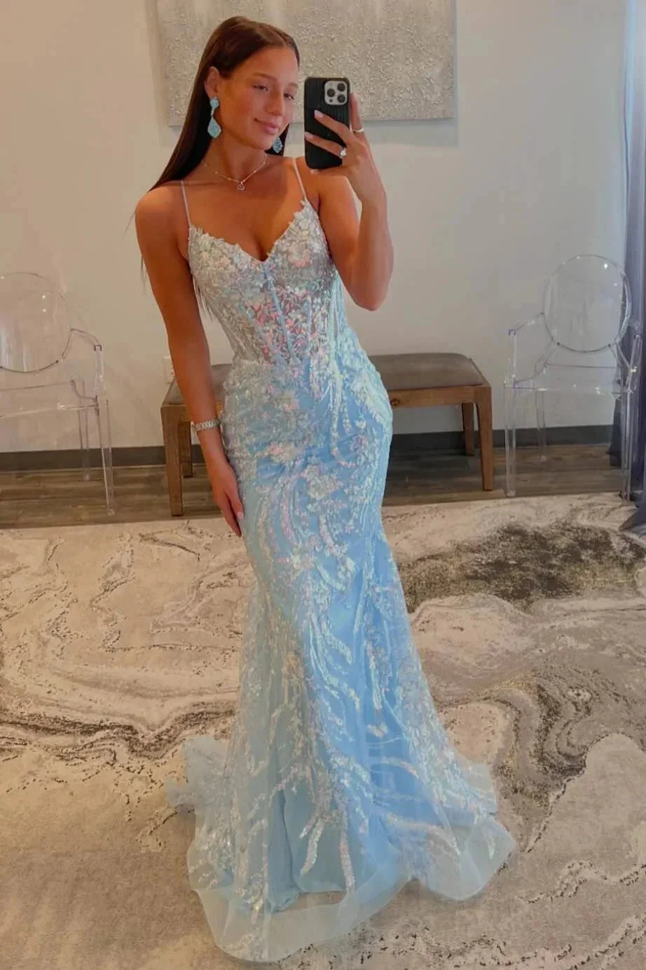 Margaret | Straps Light Blue V-Neck Sequin Appliques Mermaid Prom Dress - Image 3