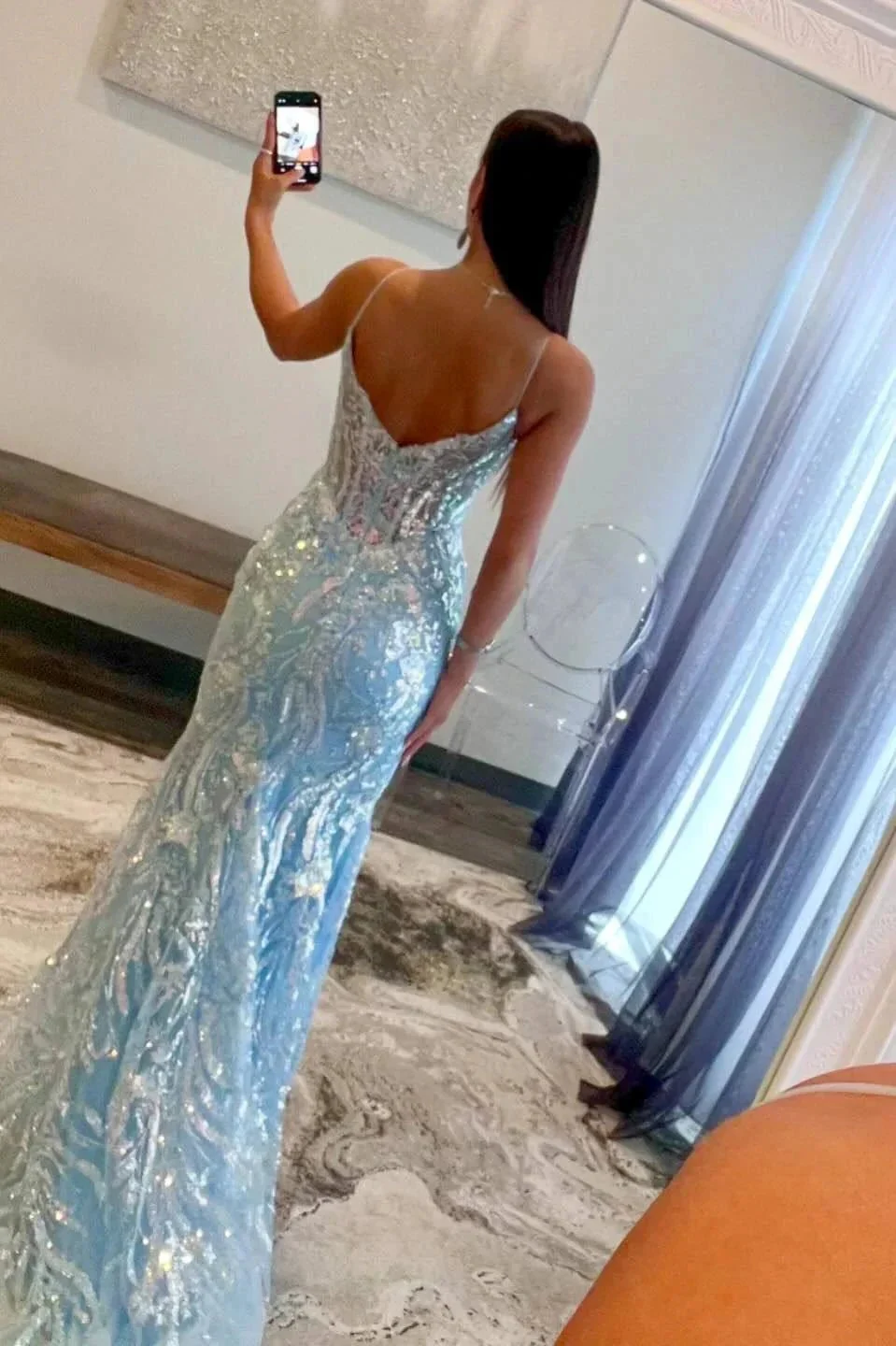 Margaret | Straps Light Blue V-Neck Sequin Appliques Mermaid Prom Dress - Image 4