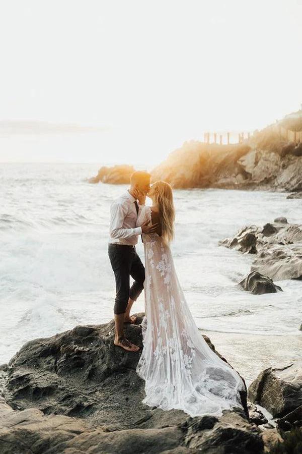 Charming Bateau Lace Long Sleeves Beach Wedding Dress  WD436 - Image 2