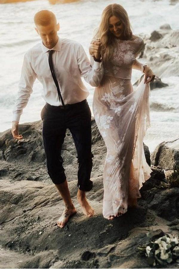 Charming Bateau Lace Long Sleeves Beach Wedding Dress  WD436 - Image 5