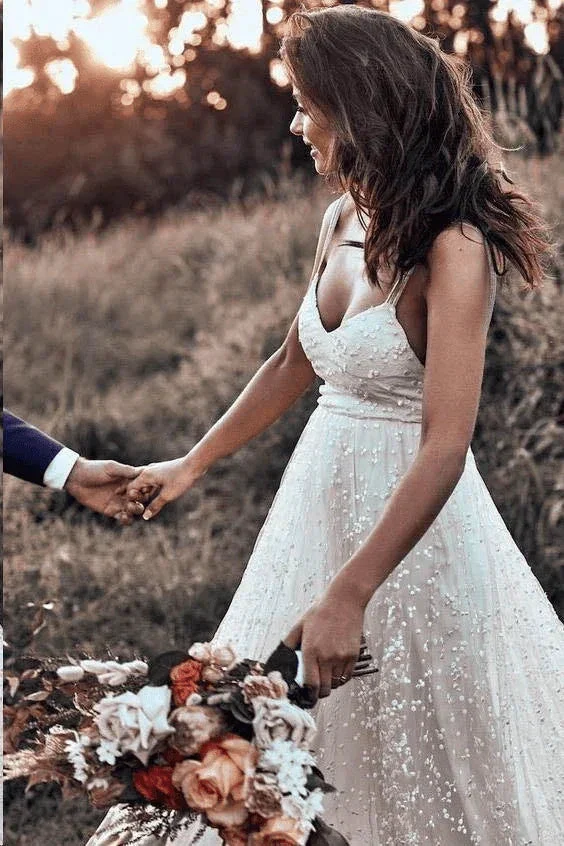 Straps Long Train A-line Lace Simple Rustic Backless Wedding Dress  WD555 - Image 2