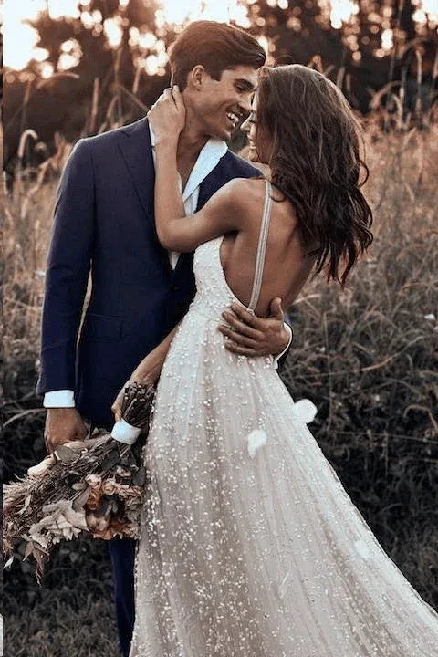 Straps Long Train A-line Lace Simple Rustic Backless Wedding Dress  WD555 - Image 3