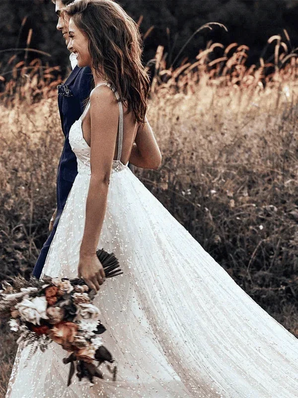 Straps Long Train A-line Lace Simple Rustic Backless Wedding Dress  WD555 - Image 4