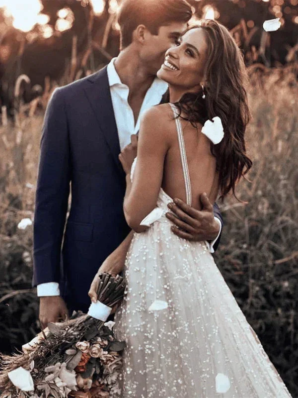 Straps Long Train A-line Lace Simple Rustic Backless Wedding Dress  WD555 - Image 6