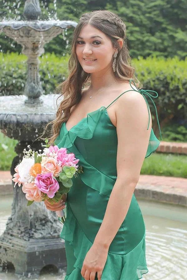 Straps Mermaid Ruffle Tiered Green Long Prom Dress With Slit PSK609 - Image 2