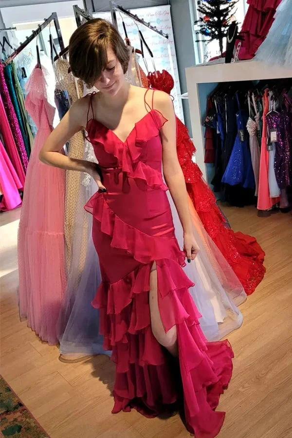 Straps Mermaid Ruffle Tiered Green Long Prom Dress With Slit PSK609 - Image 3