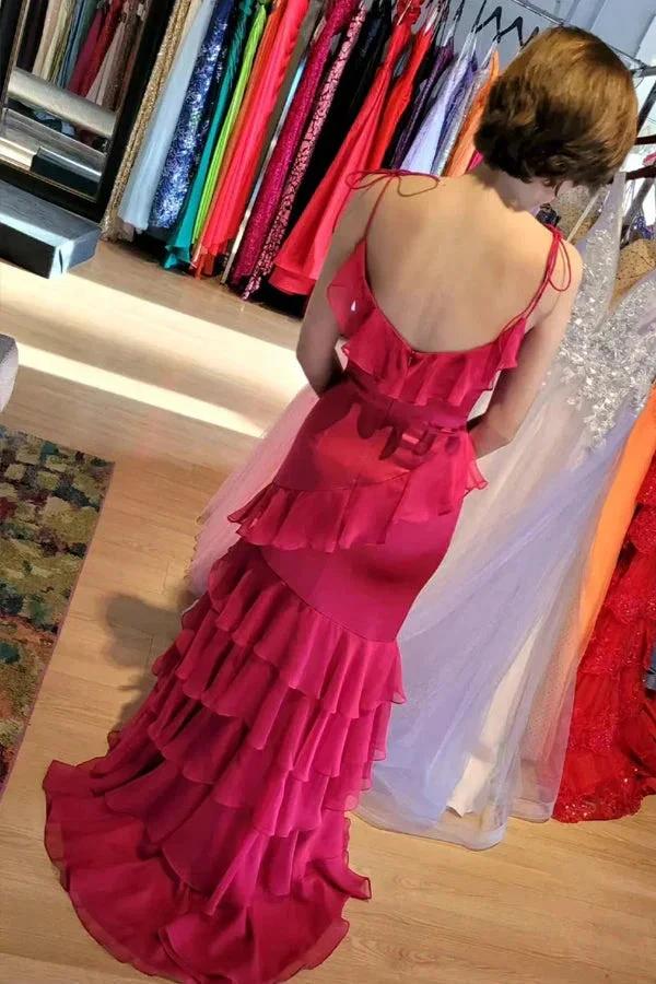Straps Mermaid Ruffle Tiered Green Long Prom Dress With Slit PSK609 - Image 4