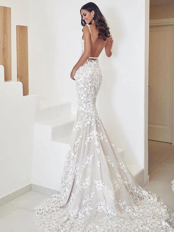 Straps Mermaid Wedding Dresses Lace Appliqued Gowns Wedding Dresses WD574 - Image 2