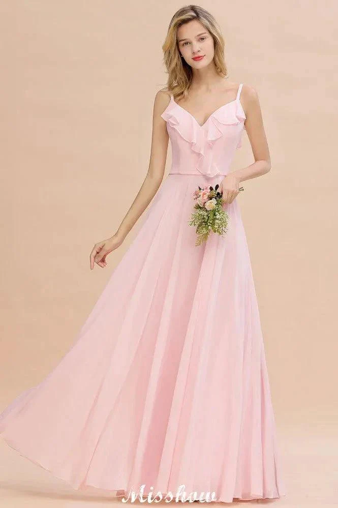 Straps Sweetheart Pink Bridesmaid Dress Backless Chiffon Evening Party Dress - Image 2