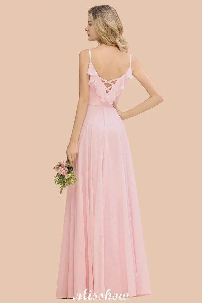 Straps Sweetheart Pink Bridesmaid Dress Backless Chiffon Evening Party Dress - Image 3