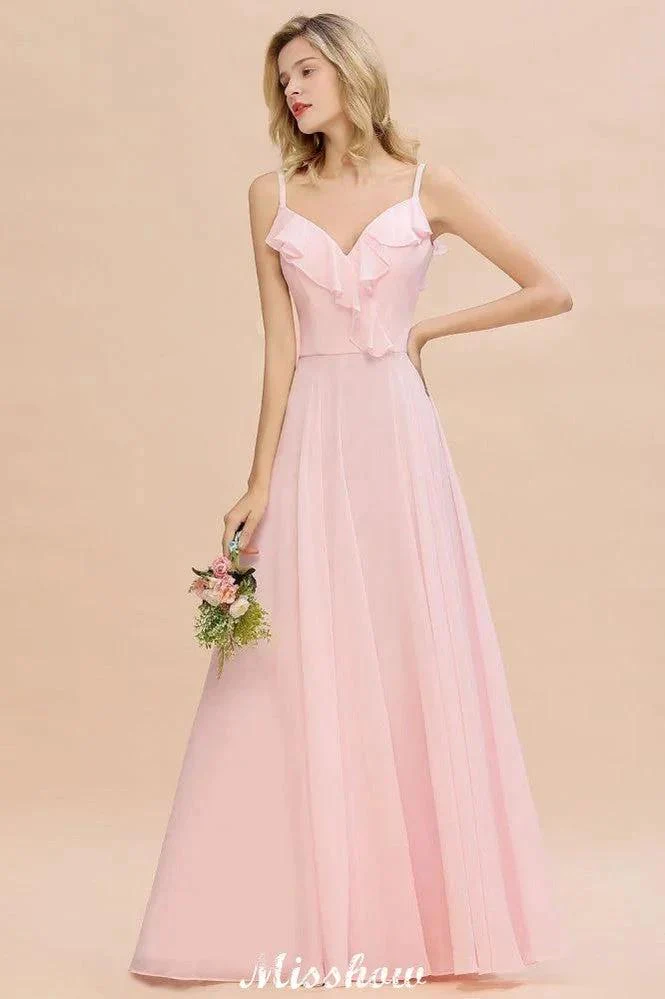 Straps Sweetheart Pink Bridesmaid Dress Backless Chiffon Evening Party Dress - Image 4