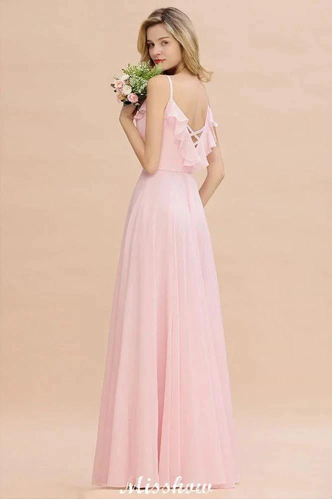 Straps Sweetheart Pink Bridesmaid Dress Backless Chiffon Evening Party Dress - Image 7