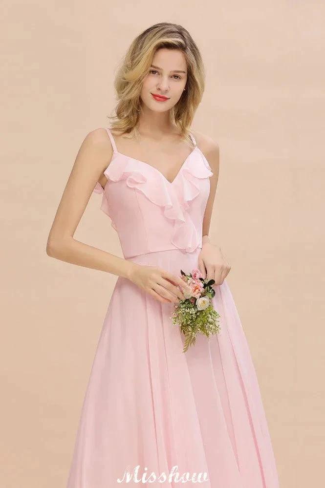 Straps Sweetheart Pink Bridesmaid Dress Backless Chiffon Evening Party Dress - Image 8