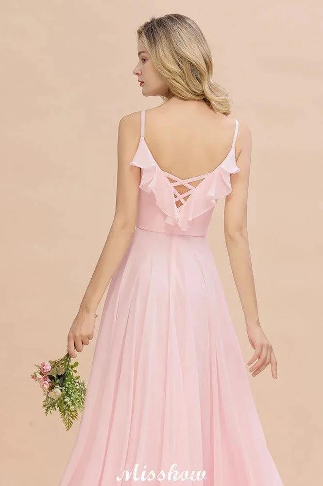 Straps Sweetheart Pink Bridesmaid Dress Backless Chiffon Evening Party Dress - Image 9