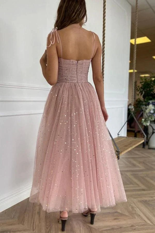 Straps Tea Length Pink Prom Dresses Tulle Homecoming Dresses PD453 - Image 2