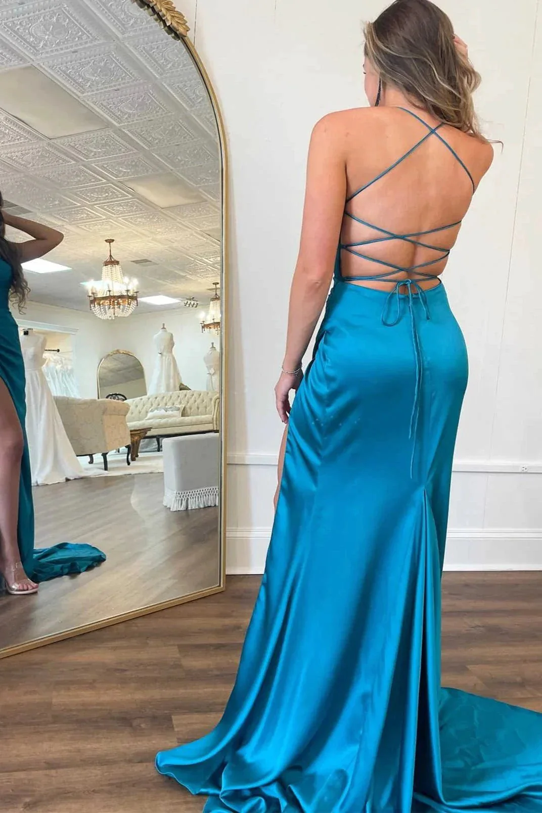 Xyla | Straps Teal V-Neck Ruched Long Prom Dress - Image 2
