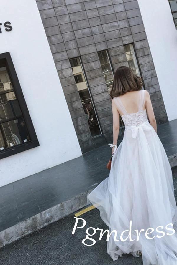 Straps Tulle White Lace Beach Wedding DressesWith Little Court Train  WD086 - Image 4